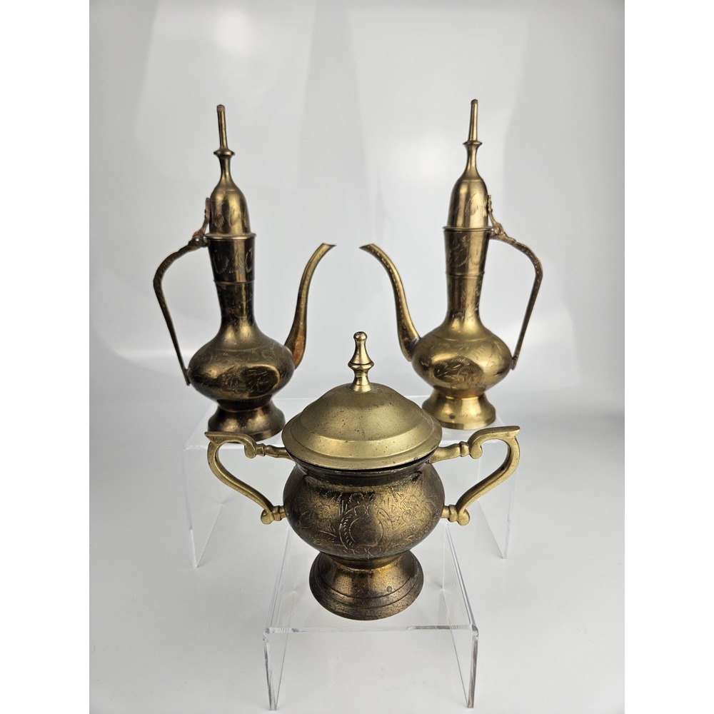 Vintage Set‎ of 3 Etched Brass India-Style 2 Teapots/Genie Lamp & 1 Lidded Bowl